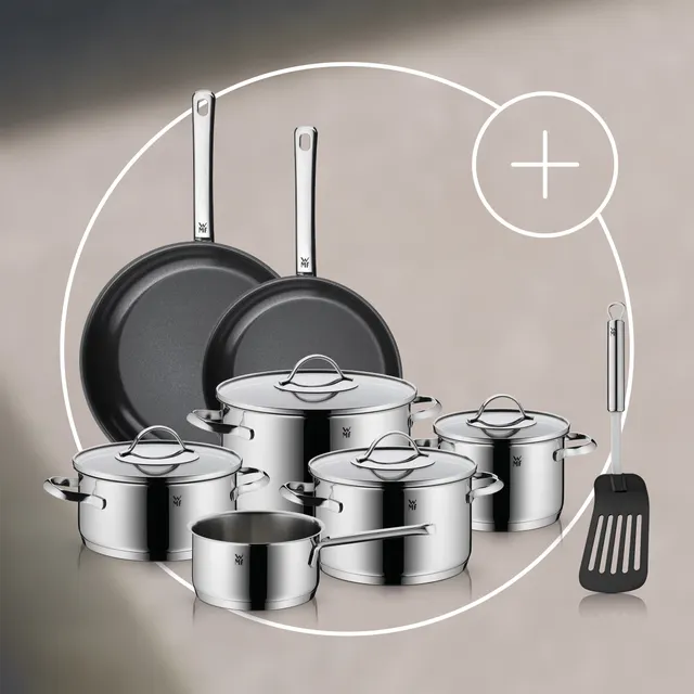 Koch-Set: WMF Aparto Topf-Set, 5-teilig, Devil Bratpfannen-Set, 2-teilig und Profi Plus Pfannenwender, 32cm