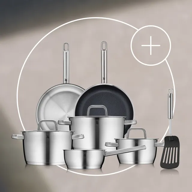 Premium-Koch-Set: WMF Iconic Topf-Set, 4-teilig, Ultimate Stielpfannen, 2 Stück, und Pfannenwender