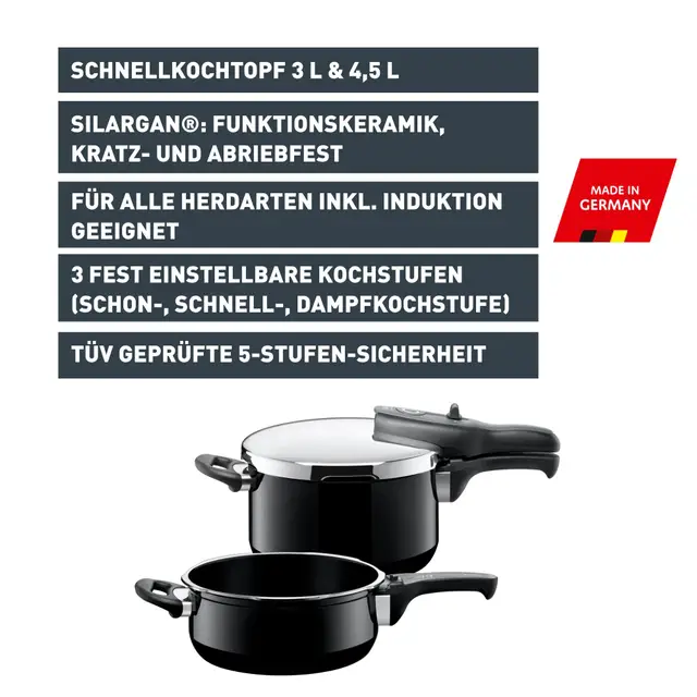 Silit Silargan® Sicomatic t-Plus Schnellkochtopf-Set, 22 cm, 4,5 l und 3,0 l, Black